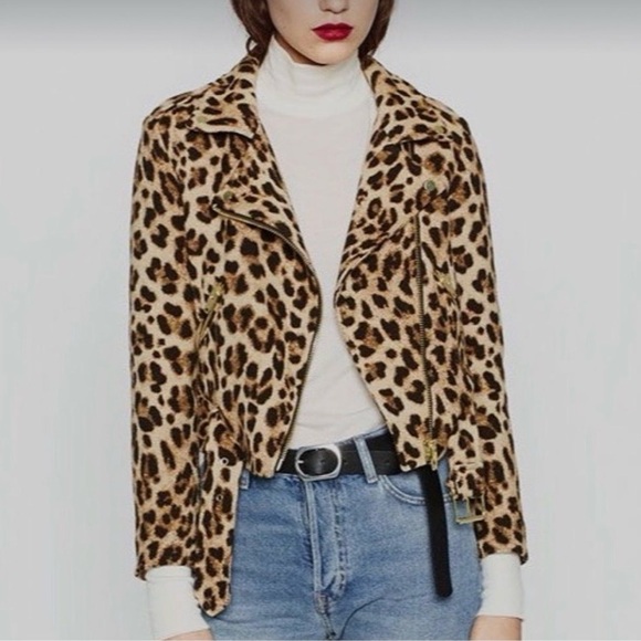 Zara outerwear Leopard Print motorcycle Women's Jacket Sz M - Picture 2 of 6